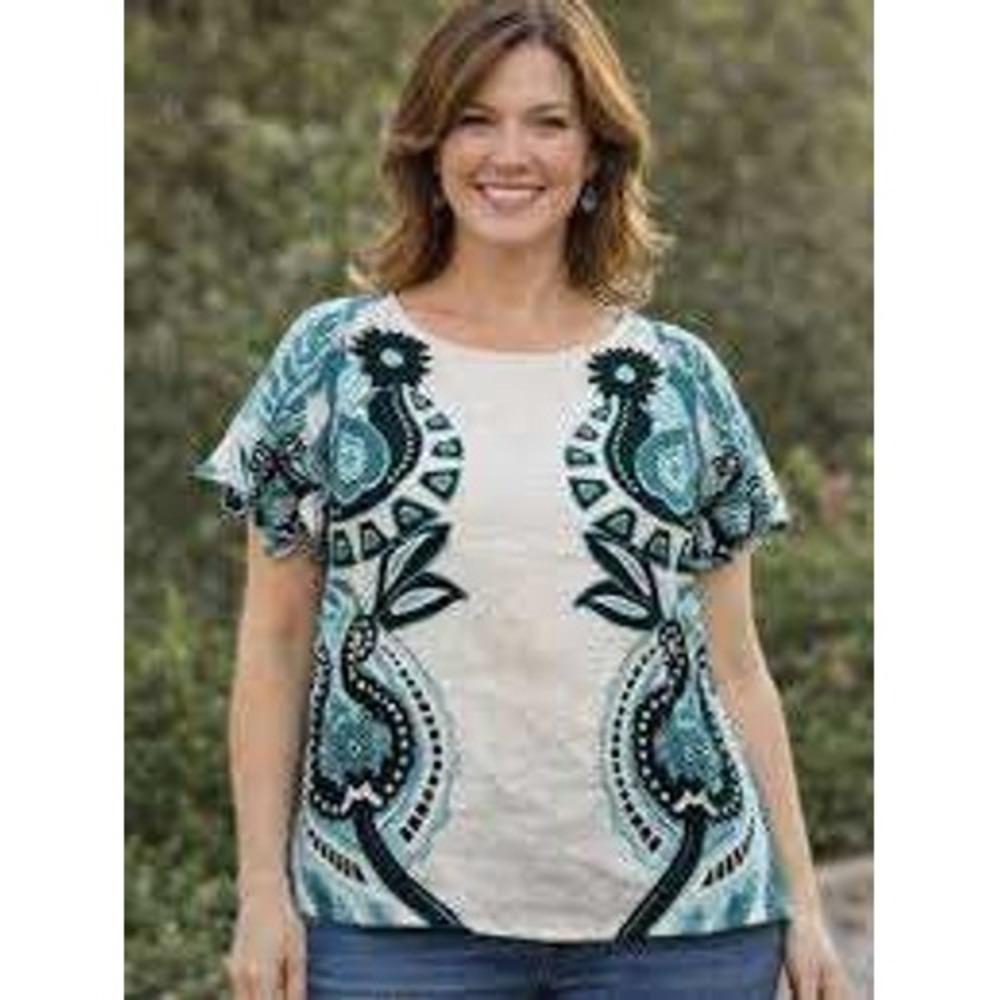 Calligraphie Linen Blend Top Womens Large Teal Cream Paisley Floral Blouse NEW